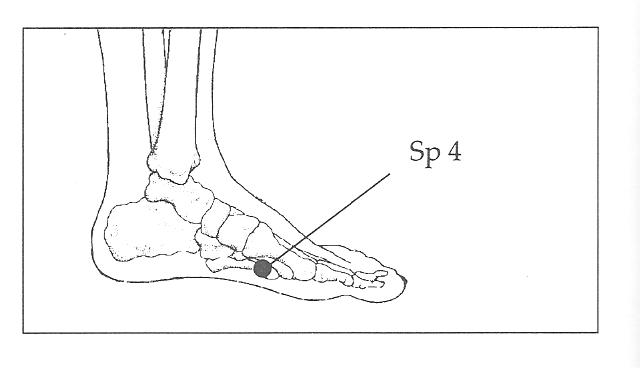 Acupressure on Sp 4 for Digestion, Foot Cramps or Cold Feet.