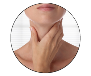 Woman holding her sore throat.